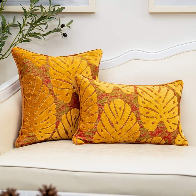 Alerfa 18 x 18 Inch Square Leaf Pillow Embroidery Cut Velvet Cushion Case Luxury Modern Lumbar Throw Pillow Cover Decorative Pillow for Couch Sofa Living Room Bedroom Car, Orange - Image 4